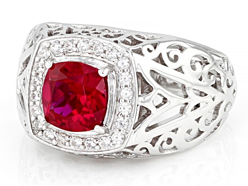 Pre-Owned 1.48ct Cushion Lab Created Red Ruby With 1.21ctw White Zircon Rhodium Over Silver Men's Ri - Size 11