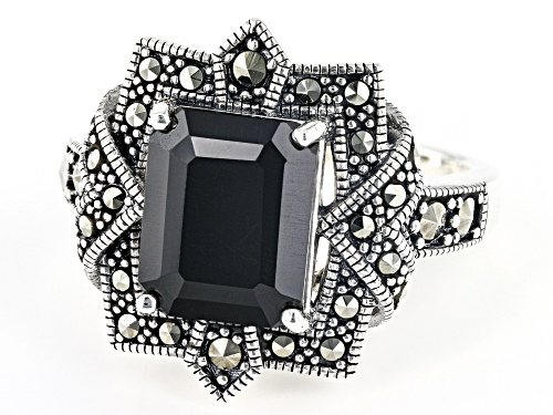 Pre-Owned 3.23ct Rectangular Octagonal Black Spinel With Round Marcasite Sterling Silver Ring - Size 7