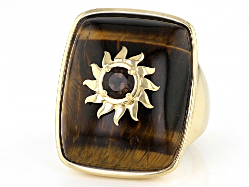 Pre-Owned Global Destinations™ Tigers Eye and 0.39ctw Smoky Quartz 18k Gold Over Brass Ring - Size 8