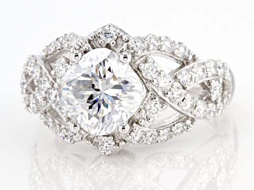 Pre-Owned MOISSANITE FIRE(R) 3.84CTW DEW SQUARE CUSHION CUT AND ROUND PLATINEVE(R) CROSSOVER RING - Size 6