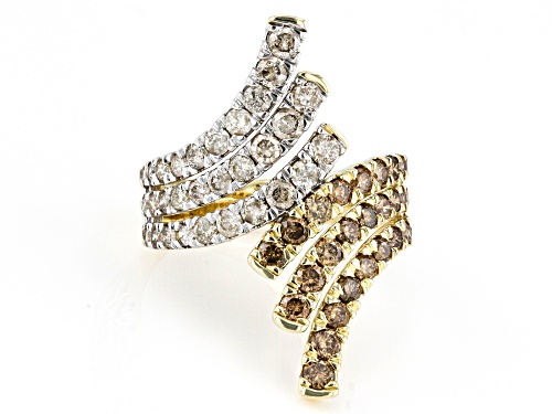 Pre-Owned 2.10ctw Round Champagne And White Diamond 10k Yellow Gold Bypass Ring - Size 7