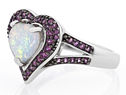 Pre-Owned 0.81ct Heart Shape Ethiopian Opal With 0.55ctw Rhodolite Rhodium Over Sterling Silver Hear - Size 6