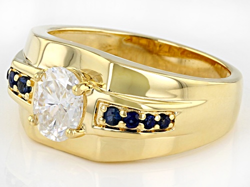 Pre-Owned MOISSANITE FIRE(R) 1.50CT DEW OVAL AND BLUE SAPPHIRE 14K YG OVER STERLING SILVER MENS RING - Size 10