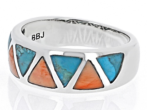 Pre-Owned Southwest Style By JTV™ Turquoise & Shell Rhodium Over Silver Geometric Band Ring - Size 10