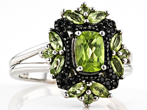 Pre-Owned 1.64ctw Manchurian Peridot™ With 0.14ctw Black Spinel Rhodium Over Sterling Silver Ring - Size 8