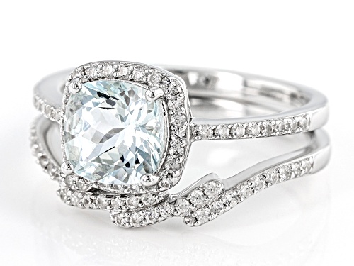 Pre-Owned 1.15ct Cushion Aquamarine With 0.38ctw White Zircon Rhodium Over Sterling Silver Ring Set - Size 9