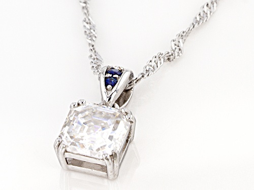 Pre-Owned MOISSANITE FIRE(R) 2.96CT DEW ASSCHER CUT AND BLUE SAPPHIRE PLATINEVE(R) PENDANT AND SINGA