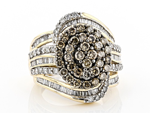 Pre-Owned 2.00ctw Round Champagne, Round White, & Baguette White Diamond 10k Yellow Gold Cluster Coc - Size 7