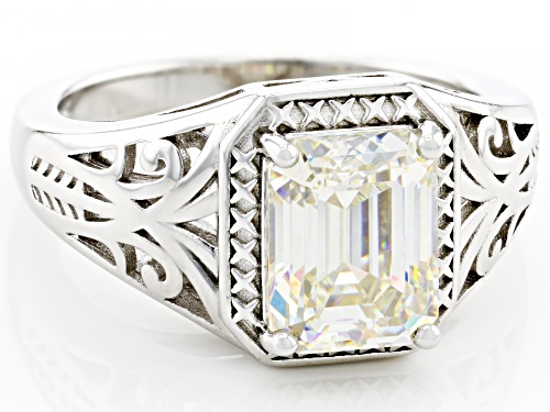Pre-Owned 3.30ct Emerald Cut Strontium Titanate Rhodium Over Silver Ring - Size 6