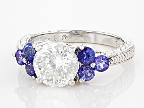 Pre-Owned MOISSANITE FIRE(R) 2.10CT DEW ROUND PORTUGUESE CUT & ROUND TANZANITE PLATINEVE(R) RING - Size 6