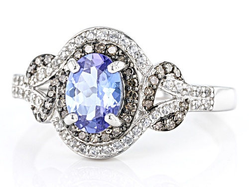 Pre-Owned 0.81ct Tanzanite, 0.17ctw Champagne Diamond And 0.16ctw White Zircon Rhodium Over Silver R - Size 6