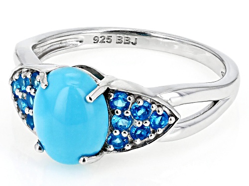 Pre-Owned 9x7mm Oval Sleeping Beauty Turquoise With 0.31ctw Neon Apatite Rhodium Over Sterling Silve - Size 7