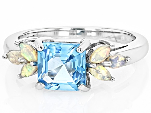 Pre-Owned 1.45ctw Asscher Cut Swiss Blue Topaz With 0.36ctw Ethiopian Opal Rhodium Over Sterling Sil - Size 10