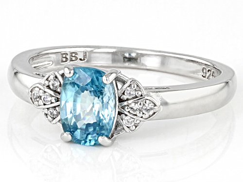 Pre-Owned 1.11ct Cushion Blue Zircon With 0.06ctw White Zircon Rhodium Over Sterling Silver Ring - Size 9