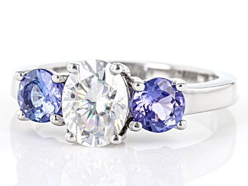 Pre-Owned MOISSANITE FIRE(R) 1.50CT DEW OVAL & ROUND TANZANITE PLATINEVE(R) RING - Size 7
