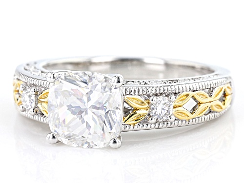 Pre-Owned MOISSANITE FIRE(R) 2.12CTW DEW CUSHION CUT PLATINEVE(R) & 14K YELLOW GOLD OVER SILVER RING - Size 7