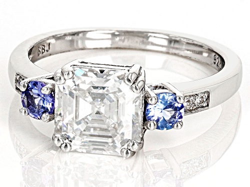 Pre-Owned MOISSANITE FIRE® 3.00CTW DEW ASSCHER CUT & ROUND WITH ROUND TANZANITE PLATINEVE® RING. - Size 7