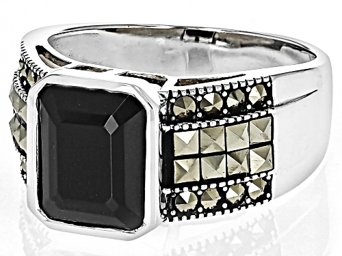 Pre-Owned 4.10ct Rectangular Octagonal Black Spinel With Round Marcasite Sterling Silver Ring - Size 6