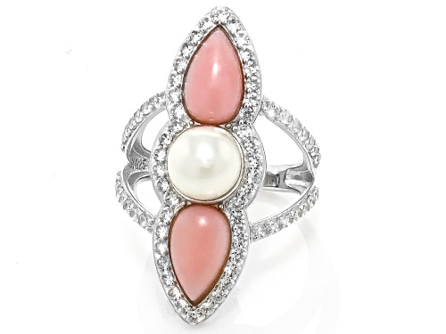Pre-Owned 7.5-8mm Cultured Freshwater Pearl with Peruvian Pink Opal & White Zircon Rhodium Over Silv - Size 8