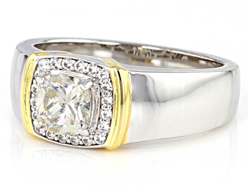 Pre-Owned 1.35ct Cushion Cut Strontium & White Zircon Rhodium & 18K Yellow Gold Over Silver Men's Ri - Size 10
