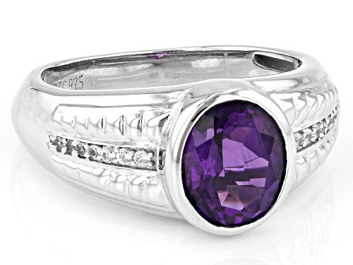 Pre-Owned 2.07ct Oval African Amethyst With .07ctw White Zircon Rhodium Over Sterling Silver Men's R - Size 11