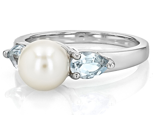 Pre-Owned 7mm White Cultured Freshwater Pearl and 0.88ctw Sky Blue Topaz Rhodium Over Sterling Silve - Size 12