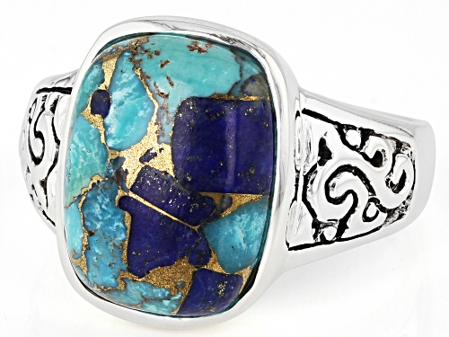 Pre-Owned 16x12mm Blended Composite Turquoise & Lapis Lazuli Rhodium Over Sterling Silver Men's Ring - Size 10