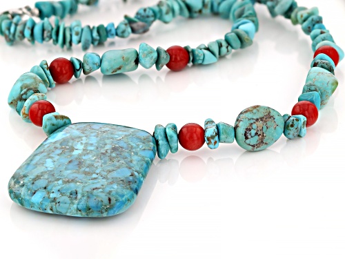 Pre-Owned Southwest Style by JTV™ Multi-Shape Turquoise with Coral Rhodium Over Sterling Silver Neck - Size 18