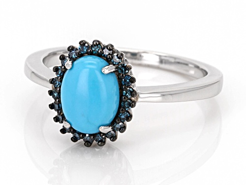 Pre-Owned 8x6mm Oval Cabochon Sleeping Beauty Turquoise With .13ctw Blue Diamond Rhodium Over Silver - Size 9