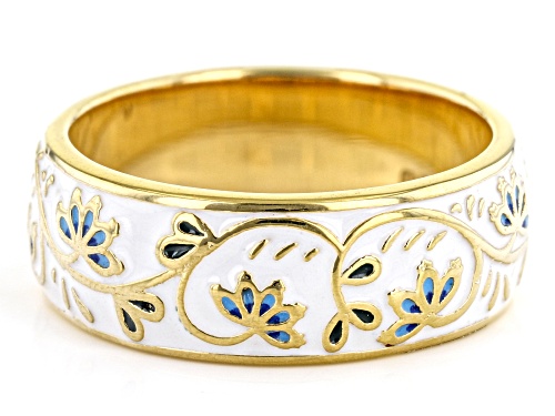 Pre-Owned Pacific Style™ Multi-Color Enamel 18k Yellow Gold Over Brass Floral Band Ring - Size 6