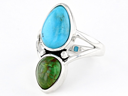 Pre-Owned Southwest Style by JTV™ Blue & Green Turquoise 2-Stone Sterling Silver Ring - Size 9
