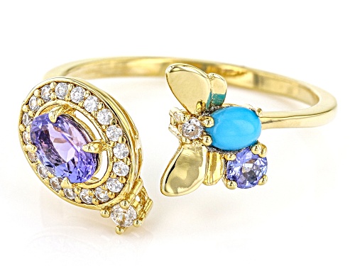Pre-Owned 0.72ctw Tanzanite, White Zircon & 4x3mm Sleeping Beauty Turquoise 18k Yellow Gold Over Sil - Size 8