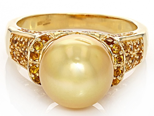 Pre-Owned 11mm Golden Cultured South Sea Pearl and Citrine 18k Yellow Gold Over Sterling Silver Ring - Size 12