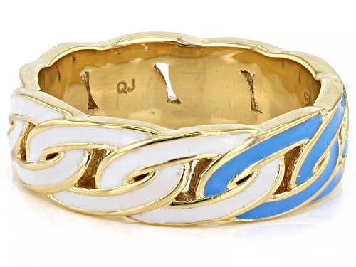 Pre-Owned Pacific Style™ White & Teal Enamel 18k Yellow Gold Over Brass Chainlink Band Ring - Size 6