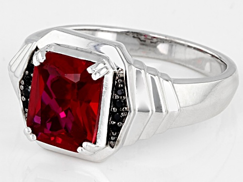 Pre-Owned 3.40ct Rectangular Octagonal Lab Ruby With 0.06ctw Black Spinel Rhodium Over Silver Men's - Size 11