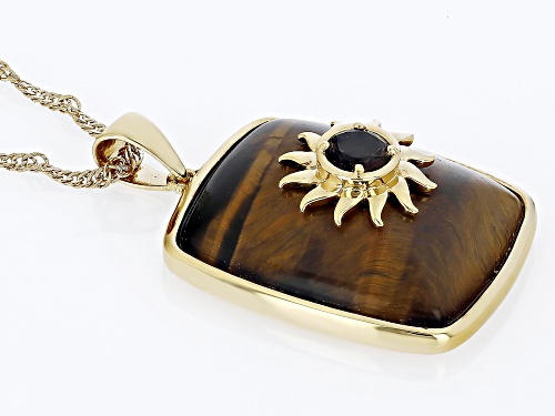 Pre-Owned Global Destinations™ Tigers Eye & 0.39ctw Smoky Quartz 18k Yellow Gold Over Brass Sun Pend