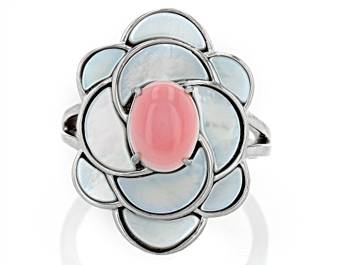 Pre-Owned Pacific Style™ Pink Conch Shell and White Mother-of-Pearl Rhodium Over Sterling Silver Rin - Size 11