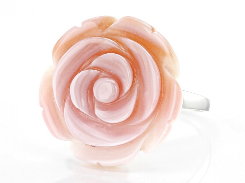 Pre-Owned Pacific Style™ 25mm Flower Carved Pink Conch Shell Rhodium Over Sterling Silver Ring - Size 12