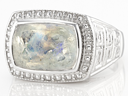 Pre-Owned 14x10mm Rectangular Cushion Rainbow Moonstone Rhodium Over Sterling Silver Men's Ring - Size 12