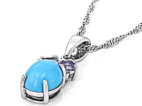 Pre-Owned 9x7mm Oval Sleeping Beauty Turquoise With .29ctw Tanzanite Rhodium Over Silver Pendant Cha