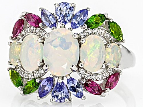 Pre-Owned 1.37ctw Oval Ethiopian Opal With 1.31ctw Multi-Gem Rhodium Over Sterling Silver Ring - Size 9