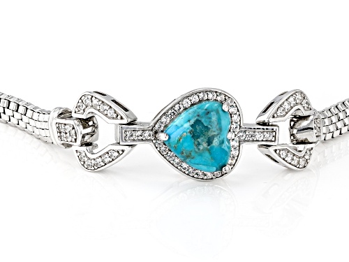Pre-Owned 10mm Heart Shape Turquoise With 0.67ctw White Zircon Rhodium Over Sterling Silver Bracelet - Size 8