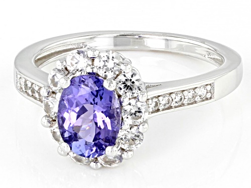Pre-Owned 1.25ct Oval Tanzanite With 0.94ctw Round White Zircon Rhodium Over Sterling Silver Ring - Size 6