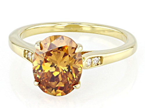 Pre-Owned 3.60ct Strontium Titanate & 0.05ctw Moissanite 18k Yellow Gold Over Sterling Silver Ring - Size 7