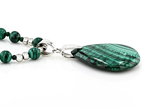 Pre-Owned 34x24mm Pear Shape Malachite Rhodium Over Sterling Silver Drop Necklace - Size 18