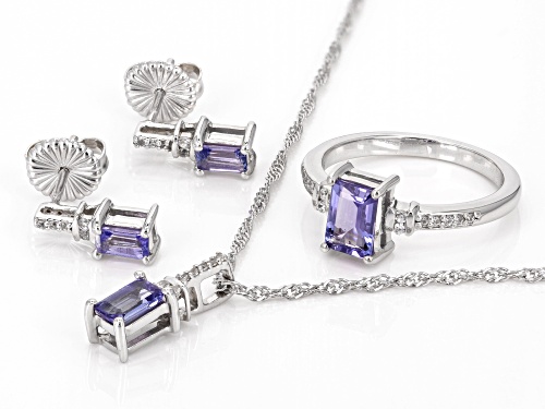 Pre-Owned 1.57ctw Tanzanite With 0.13ctw White Zircon Platinum Over Silver Ring, Earrings, & Pendant
