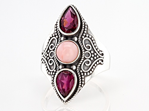 Pre-Owned 6mm Round Pink Opal with 1.75ctw Raspberry Rhodolite Sterling Silver Ring - Size 7