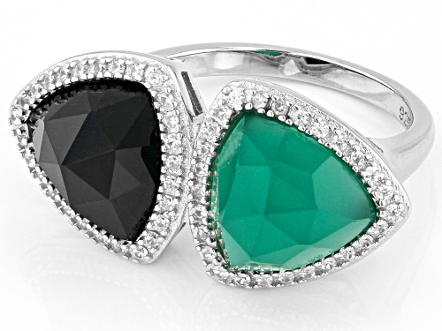 Pre-Owned 2.75ct Green Onyx, 3.00ct Black Spinel And 0.23ctw White Zircon Rhodium Over Sterling Silv - Size 6
