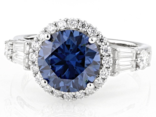 Pre-Owned MOISSANITE FIRE(R) & NAVY BLUE MOISSANITE 3.66CTW DEW ROUND AND TAPERED BAGUETTE PLATINEVE - Size 7