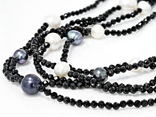 Pre-Owned 9-11mm Multi-color Cultured Freshwater Pearl and Black Spinel Rhodium Over Sterling Silver - Size 18